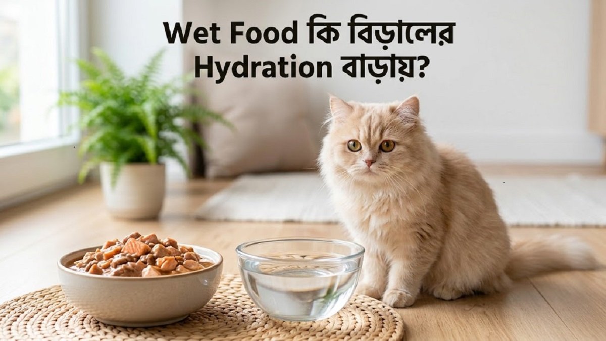 Wet Food খাচ্ছে এমন একটি বিড়াল ও পাশে fresh water bowl